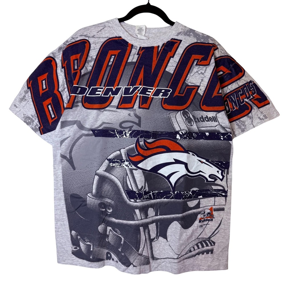 Vintage 90's Denver Broncos NFL Football All Over Print T Shirt Tee Sz L Riddell